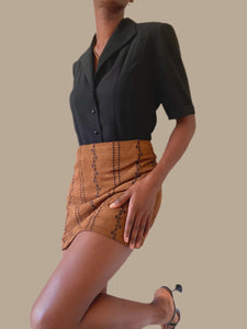 Brown Sueded Elastic Embroidered Patterned Mini Skirt