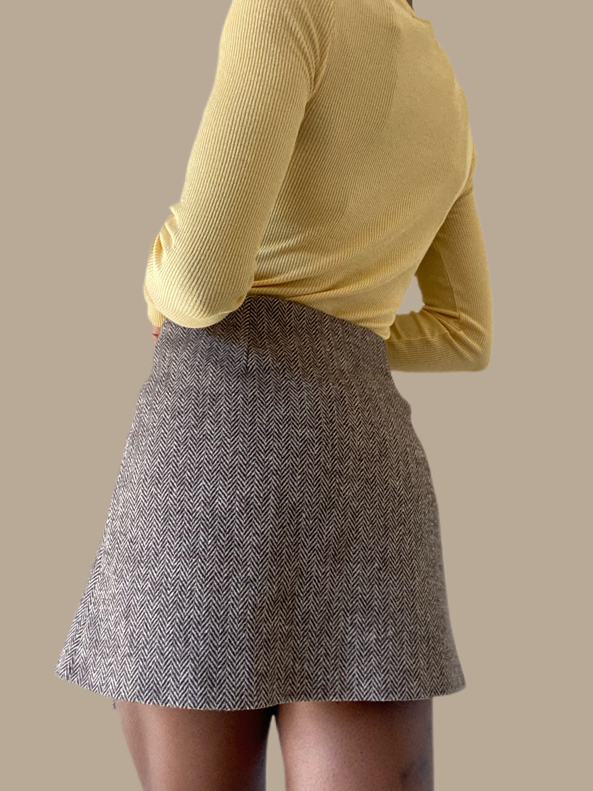 Brown & Tan Asymmetrical Mini Wool Skirt