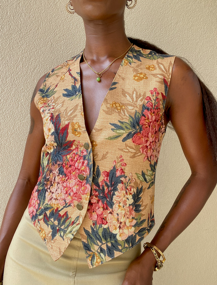 Vintage Tan Colorful Floral Textured Vest