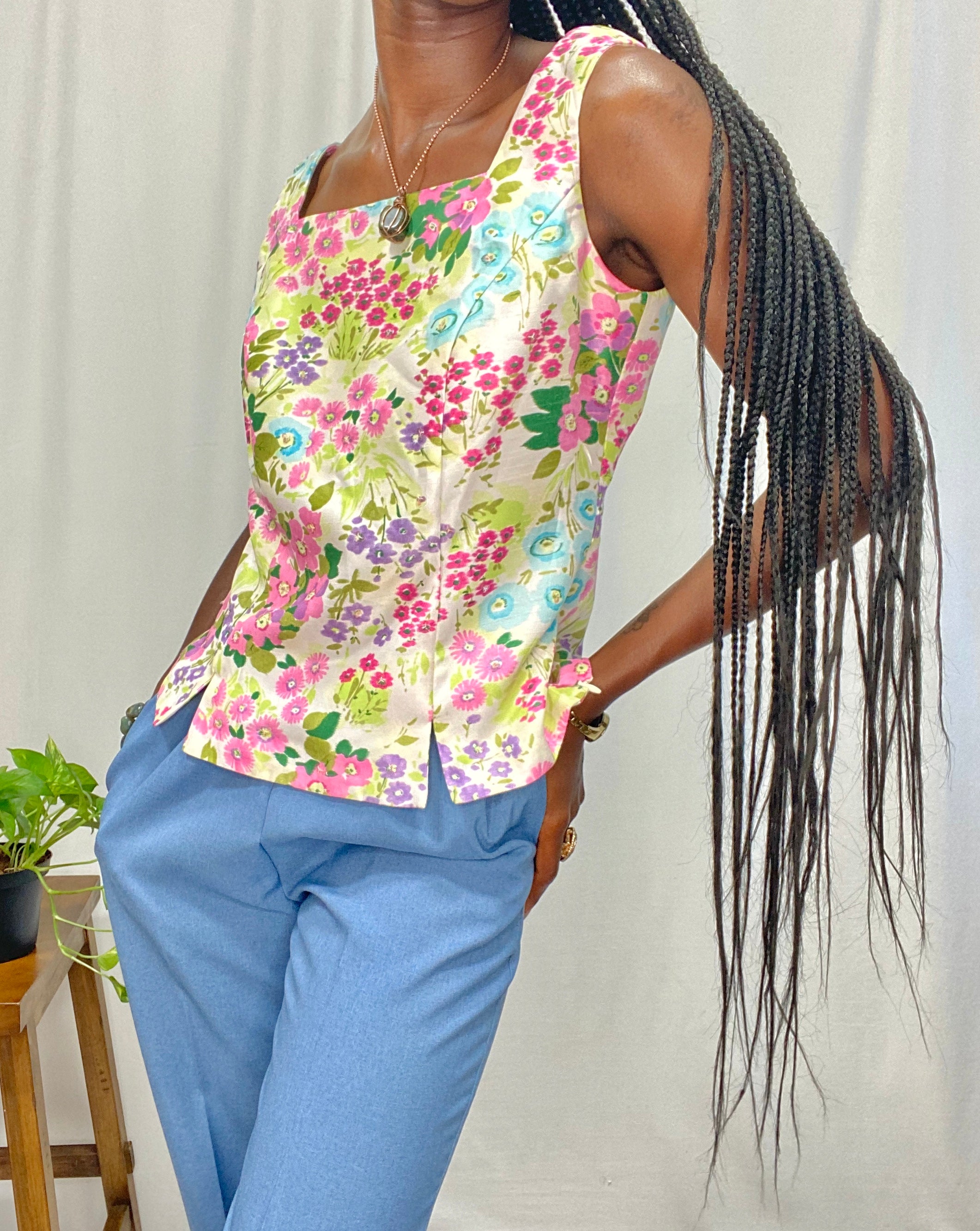 Colorful Floral Sleeveless Blouse