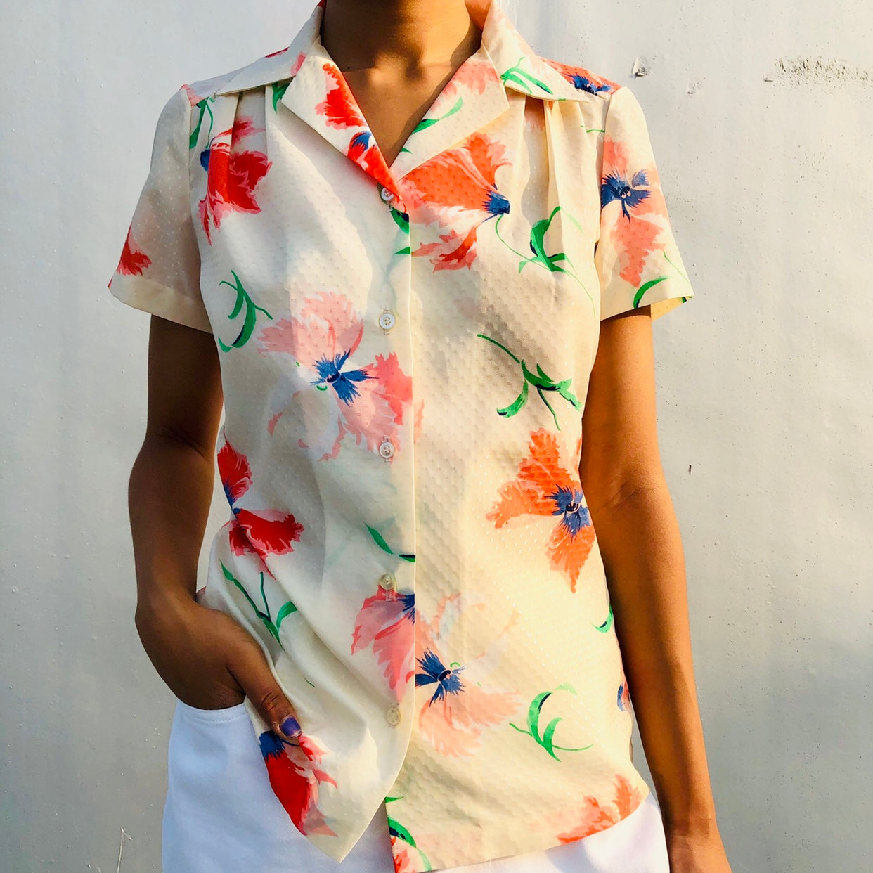 Floral Short Sleeve Button Up Blouse