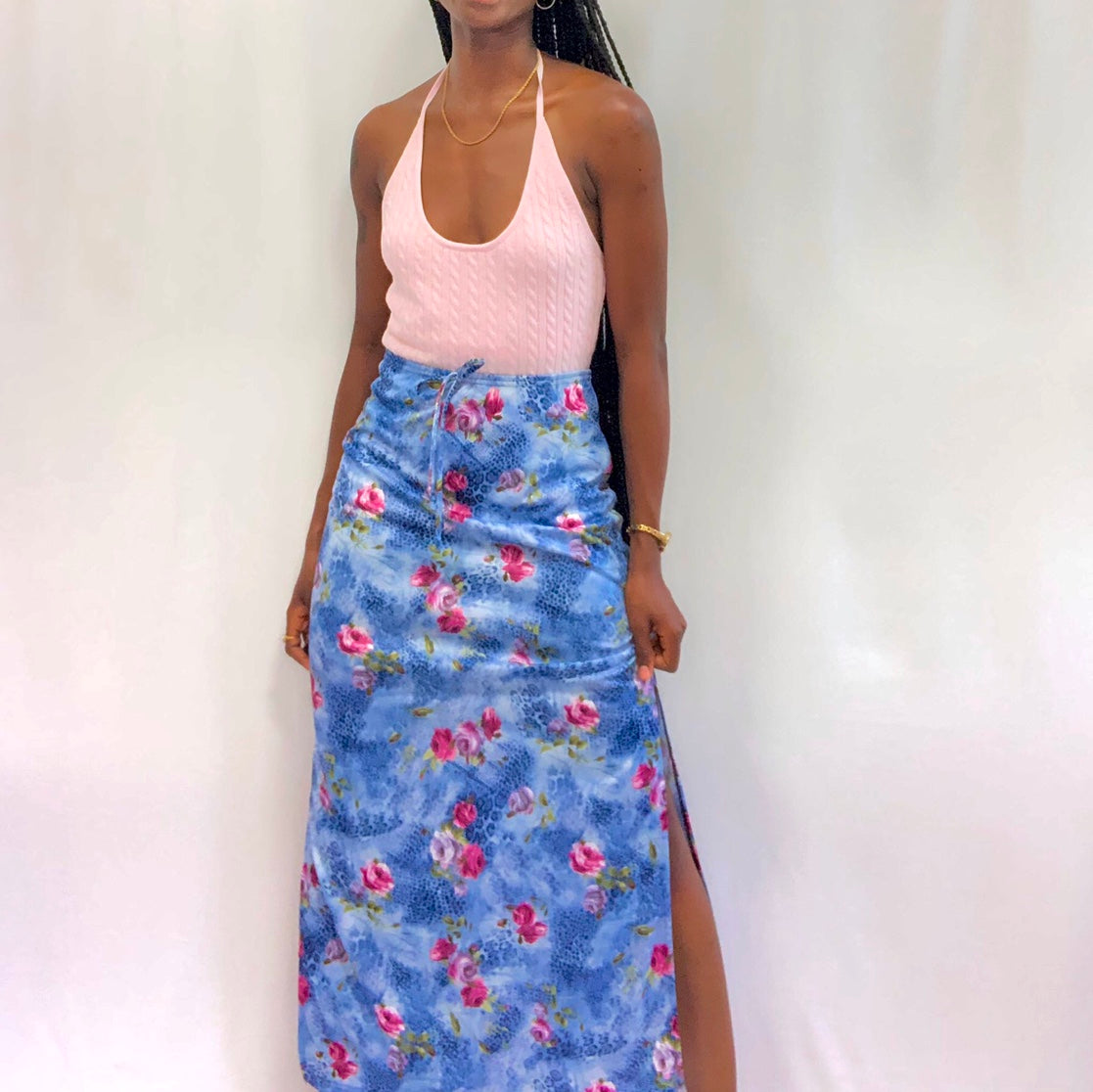 Blue & Pink Floral Long Skirt