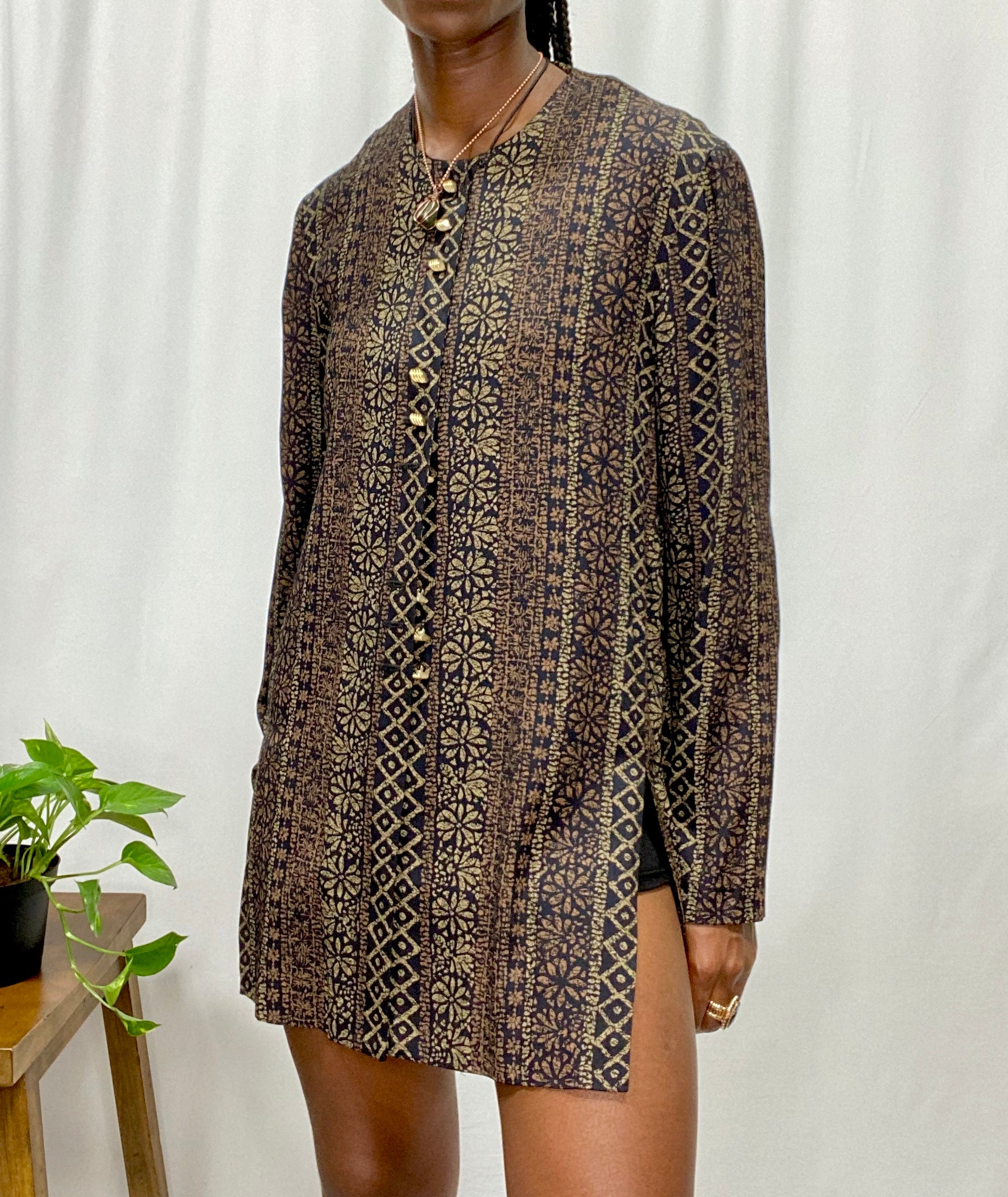 Brown & Black Printed Button Up Blouse