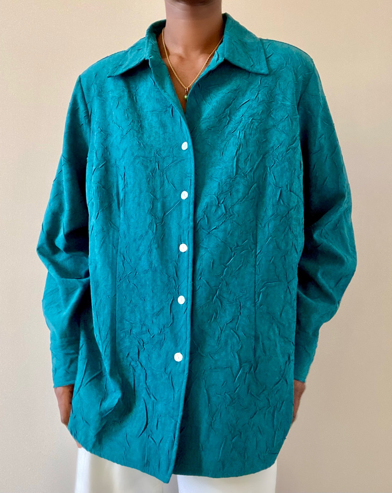 Teal Abstract Textured Button Down Blouse