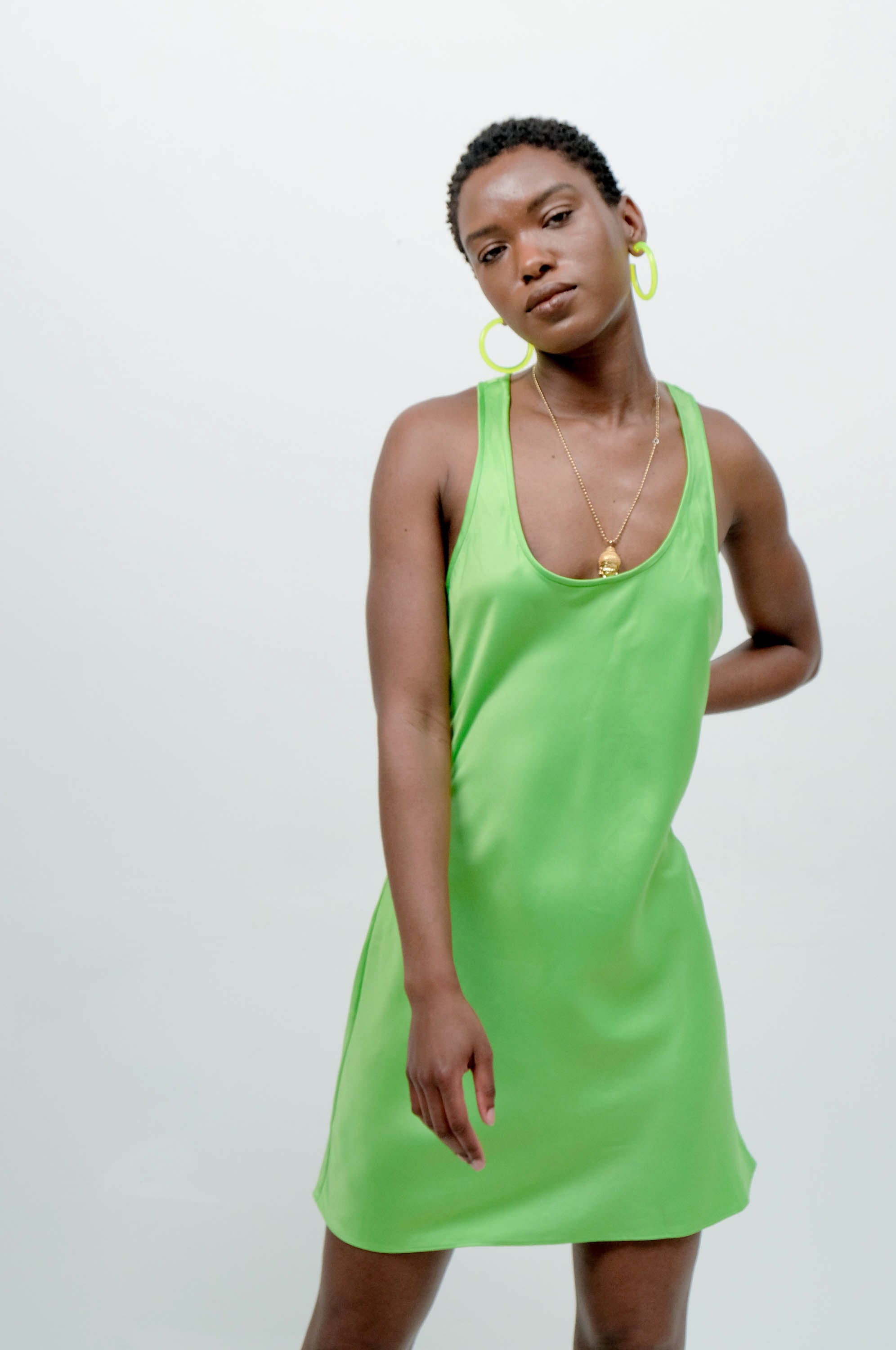 Lime Green Satin Sleeveless A-Line Mini Dress