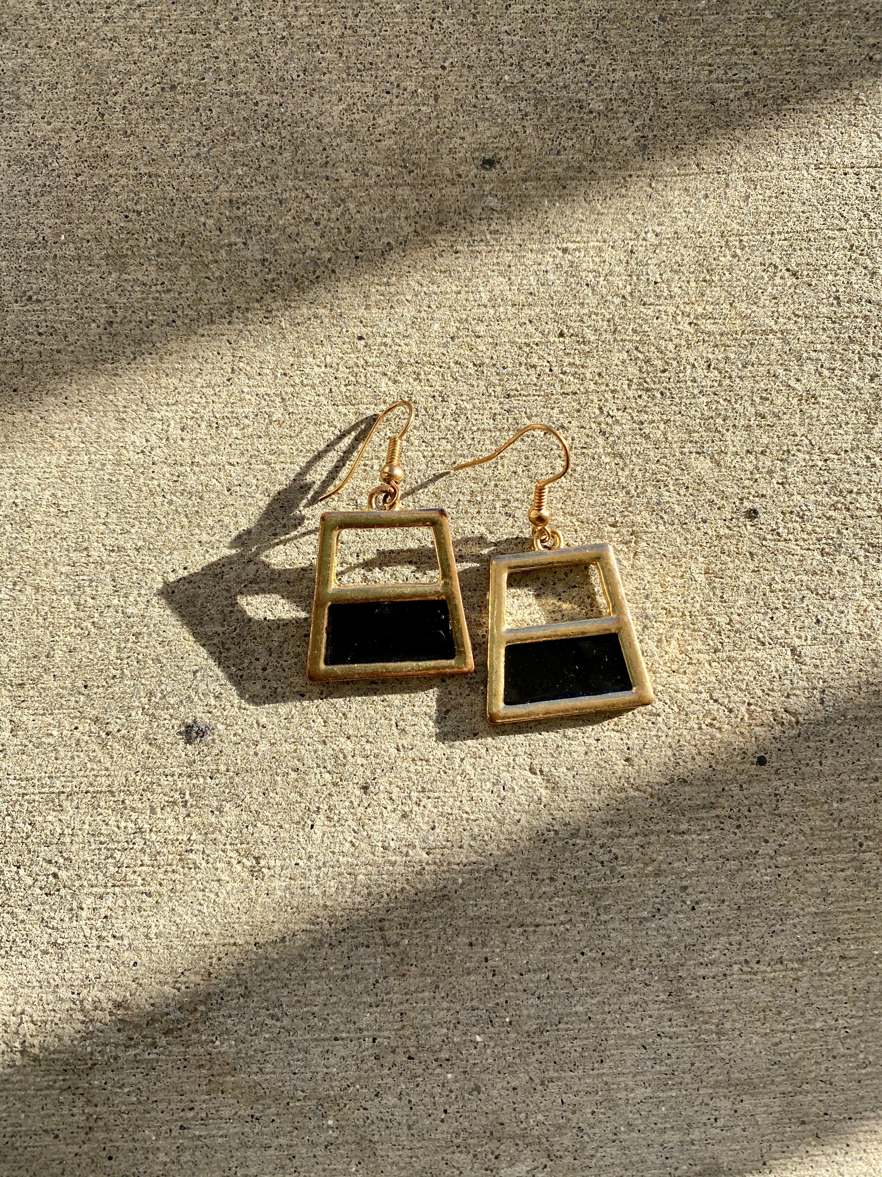Trapezoid Gold Plated Black Finish Earrings