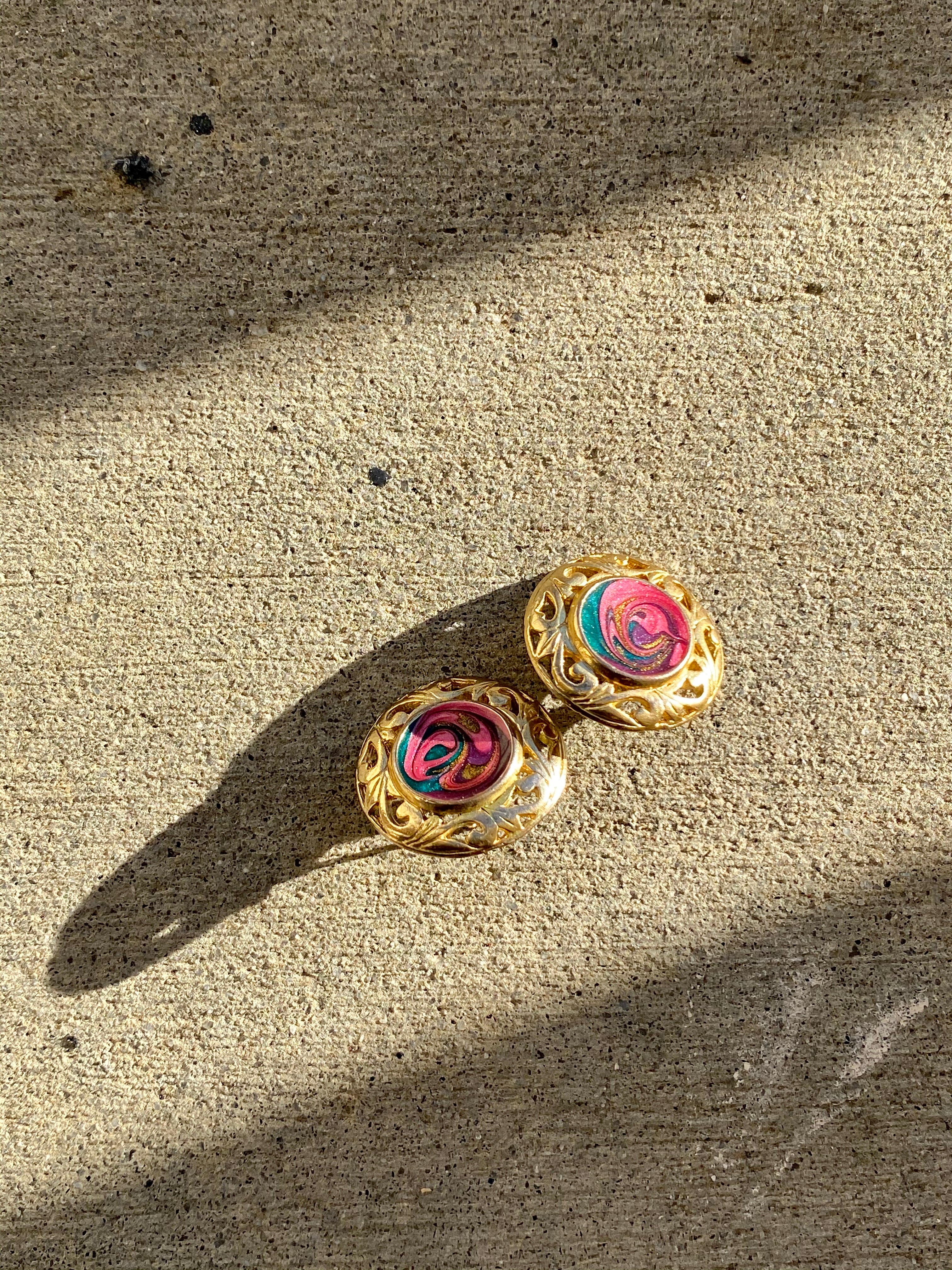 Gold Plated Earrings with carved detail & Colorful Glitter Swirl Finish