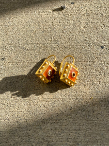 Gold & Orange Square Detailed Earrings