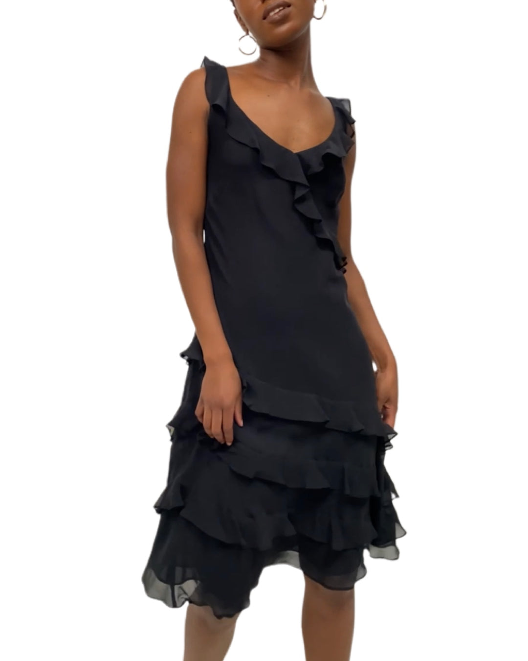 Black Silk Ruffle Trim Sleeveless Dress