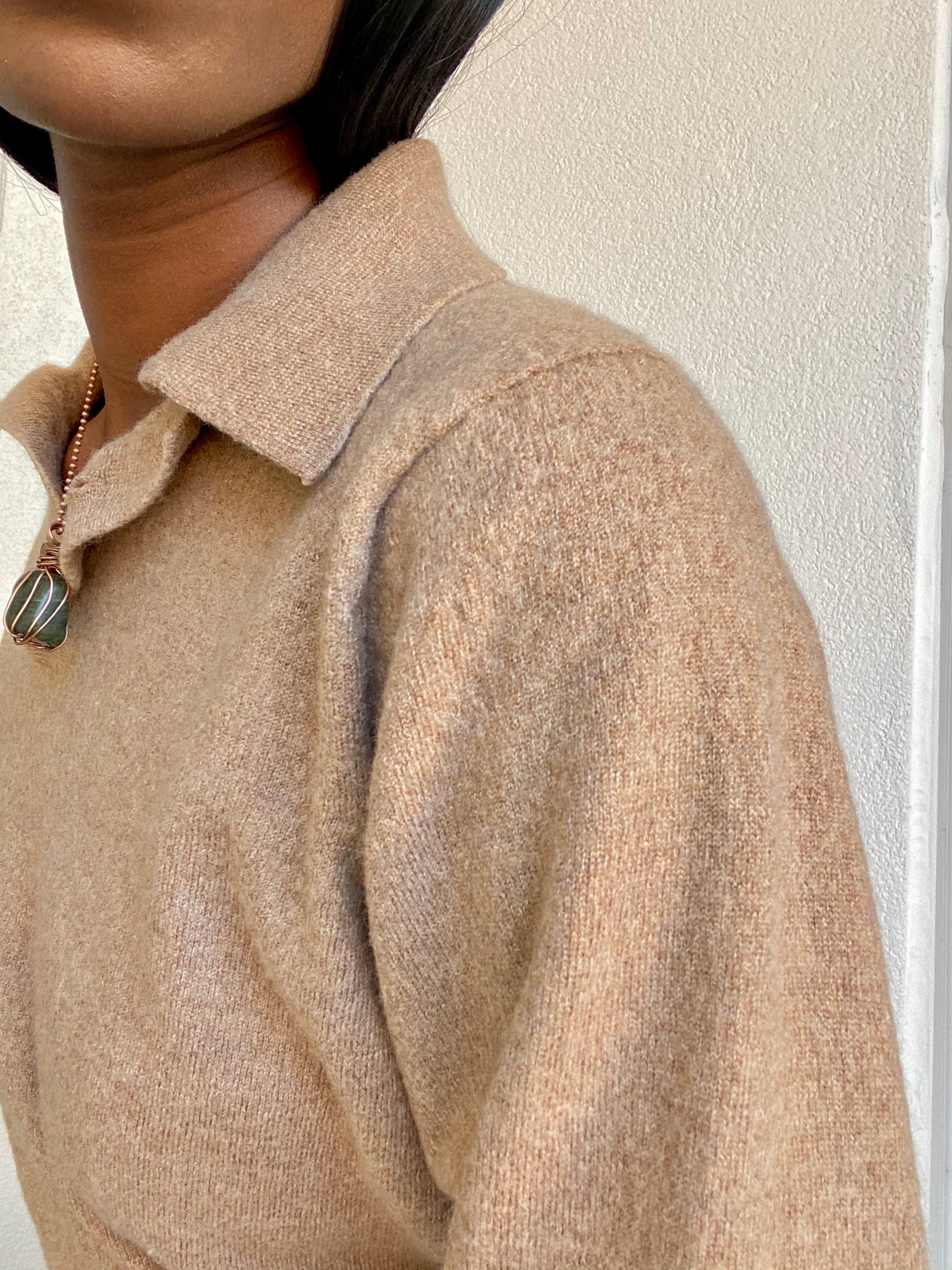 Tan Cashmere & Wool Blend Polo Top