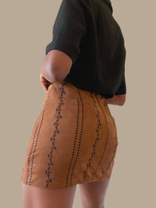 Brown Sueded Elastic Embroidered Patterned Mini Skirt