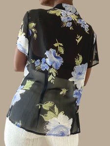 Black Sheer Floral Short Sleeve Blouse