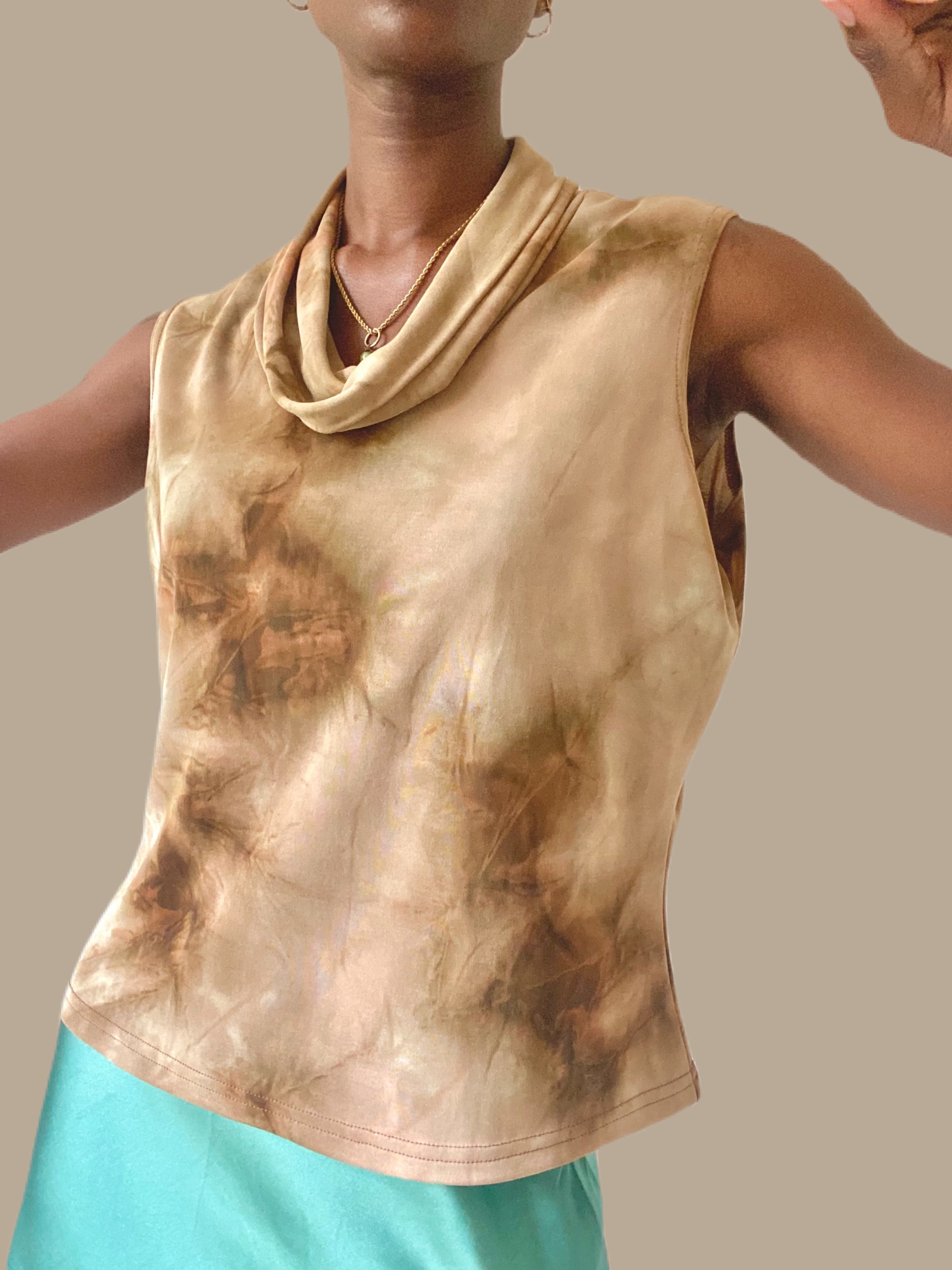 Neutral Mesh Abstract Cowl Neck Sleeveless Blouse