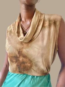 Neutral Mesh Abstract Cowl Neck Sleeveless Blouse