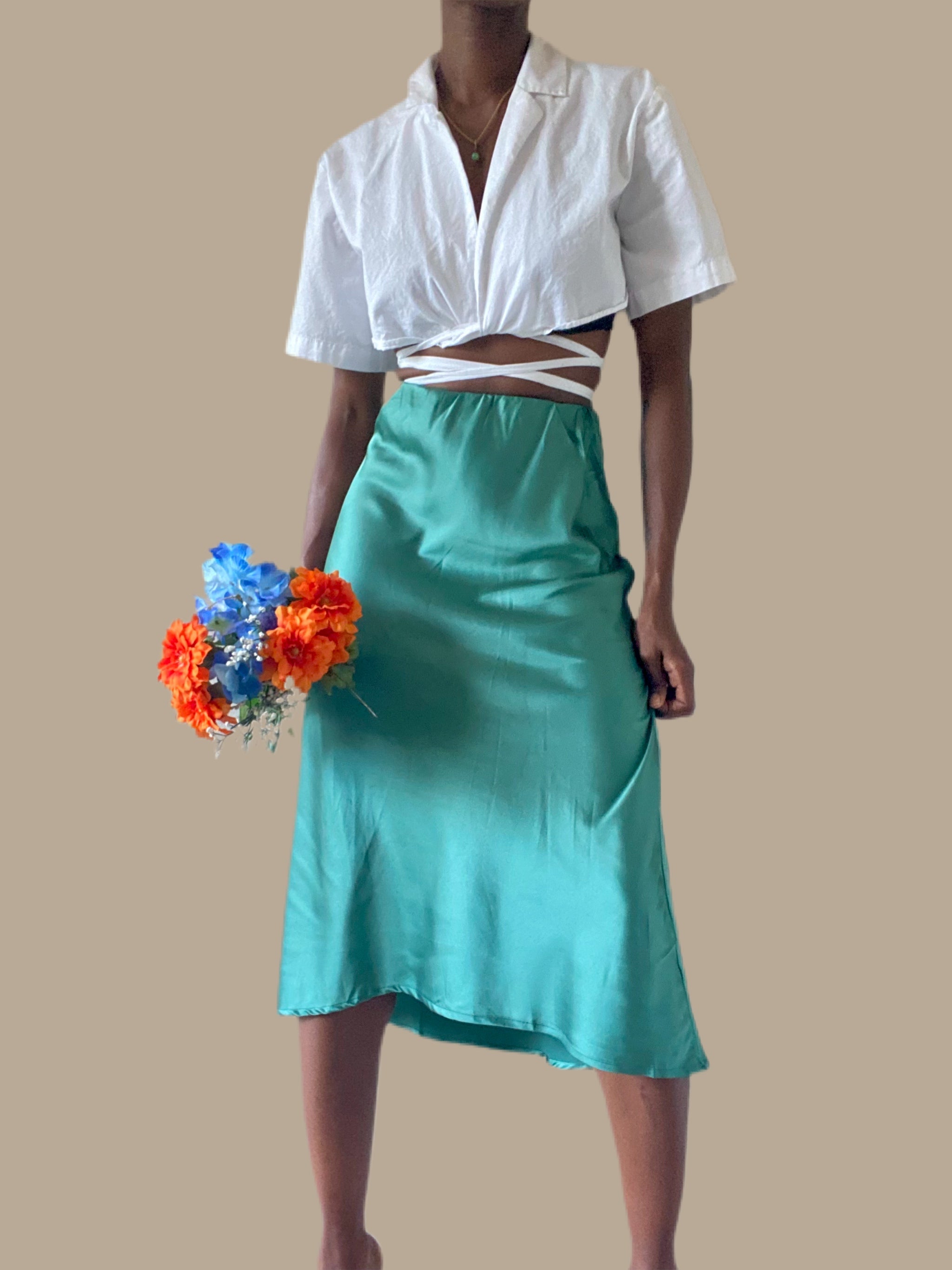 Emerald Satin Asymmetrical Midi Skirt