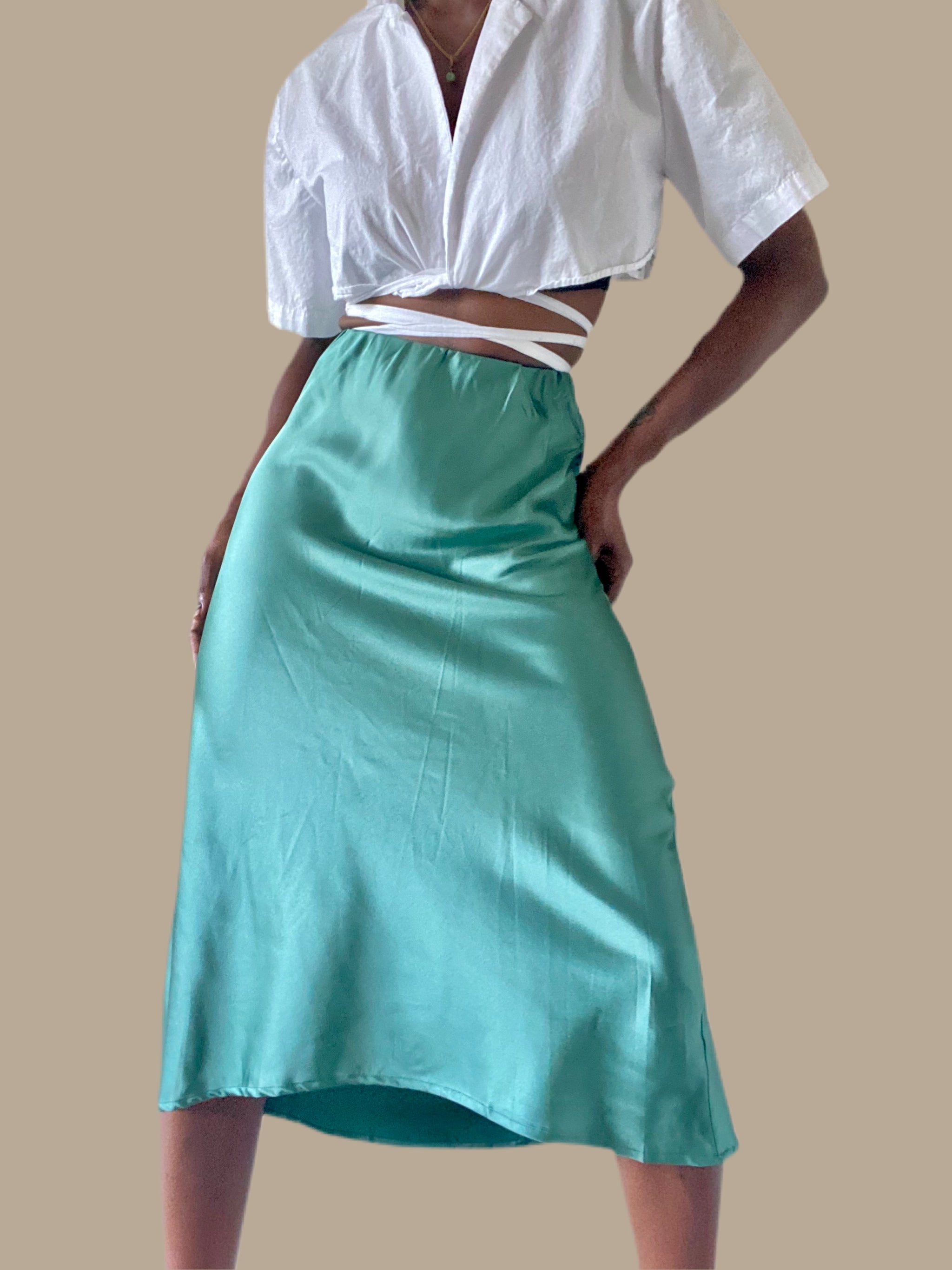 Emerald Satin Asymmetrical Midi Skirt