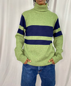 Cactus Green & Navy Blue Lambswool Turtleneck Sweater