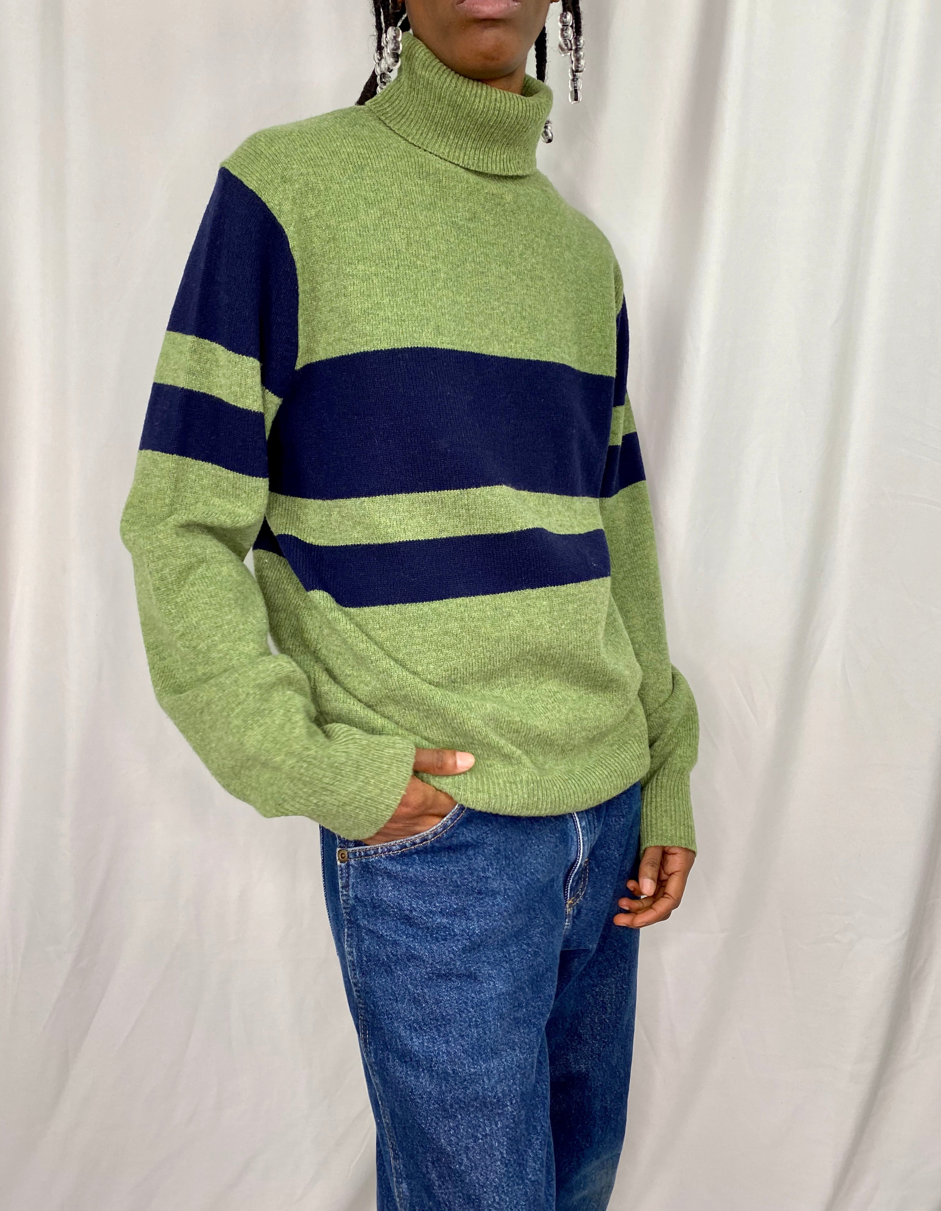 Cactus Green & Navy Blue Lambswool Turtleneck Sweater