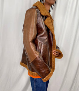 Brown Leather Faux Shearling Coat