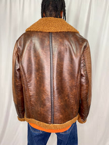 Brown Leather Faux Shearling Coat