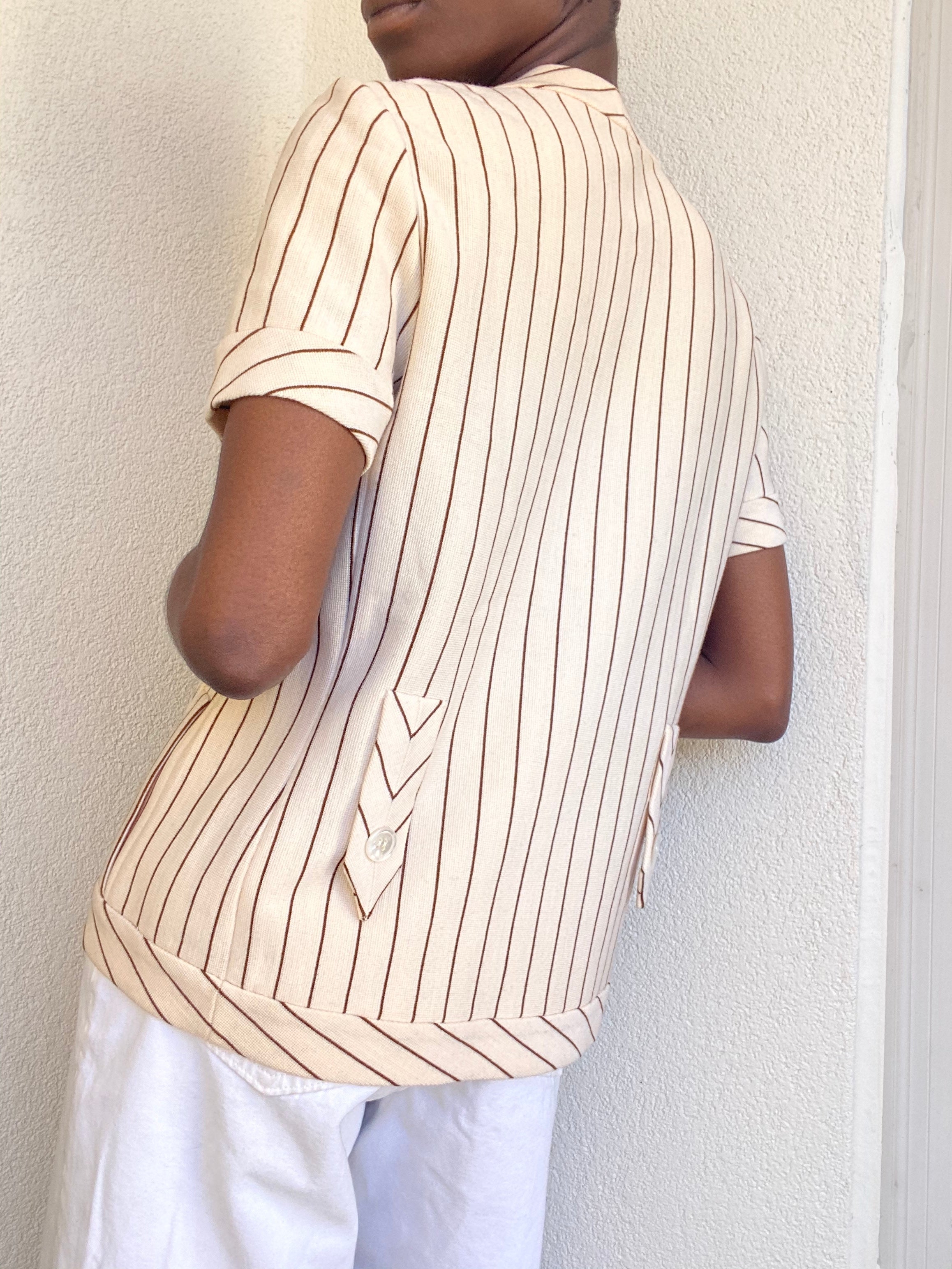 Beige Striped Short Sleeve Blouse