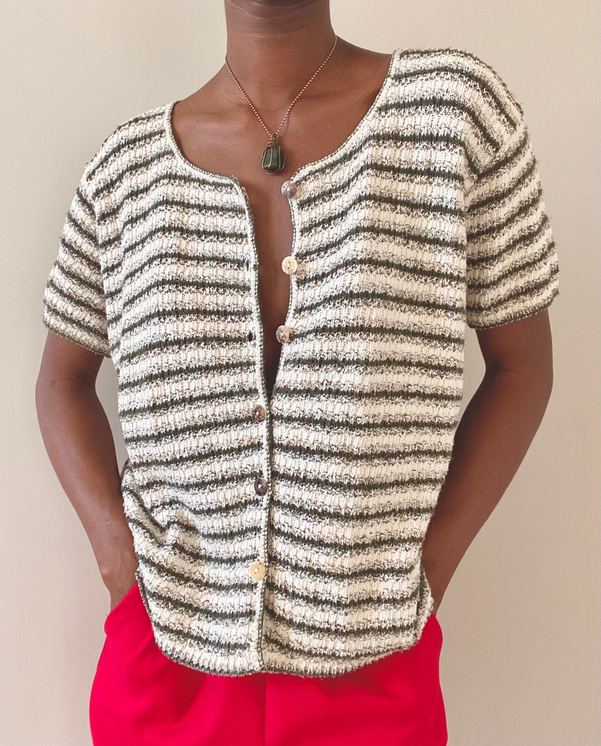 Ivory Striped Button Down Knit Cardigan