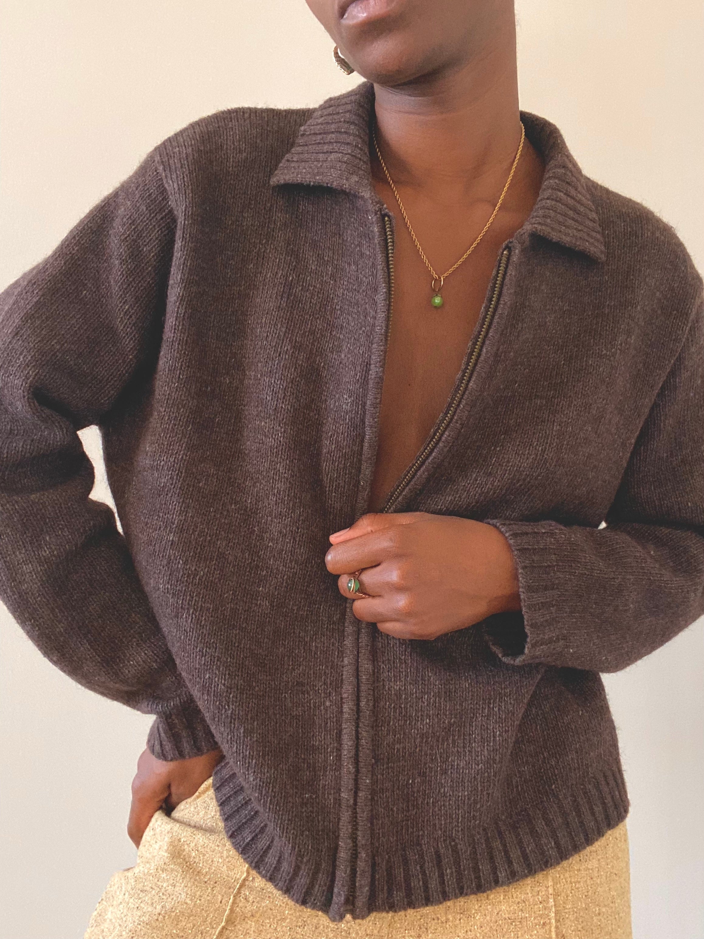 Brown Wool Zip Up Sweater