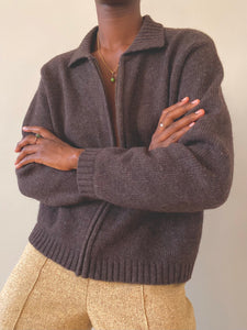 Brown Wool Zip Up Sweater