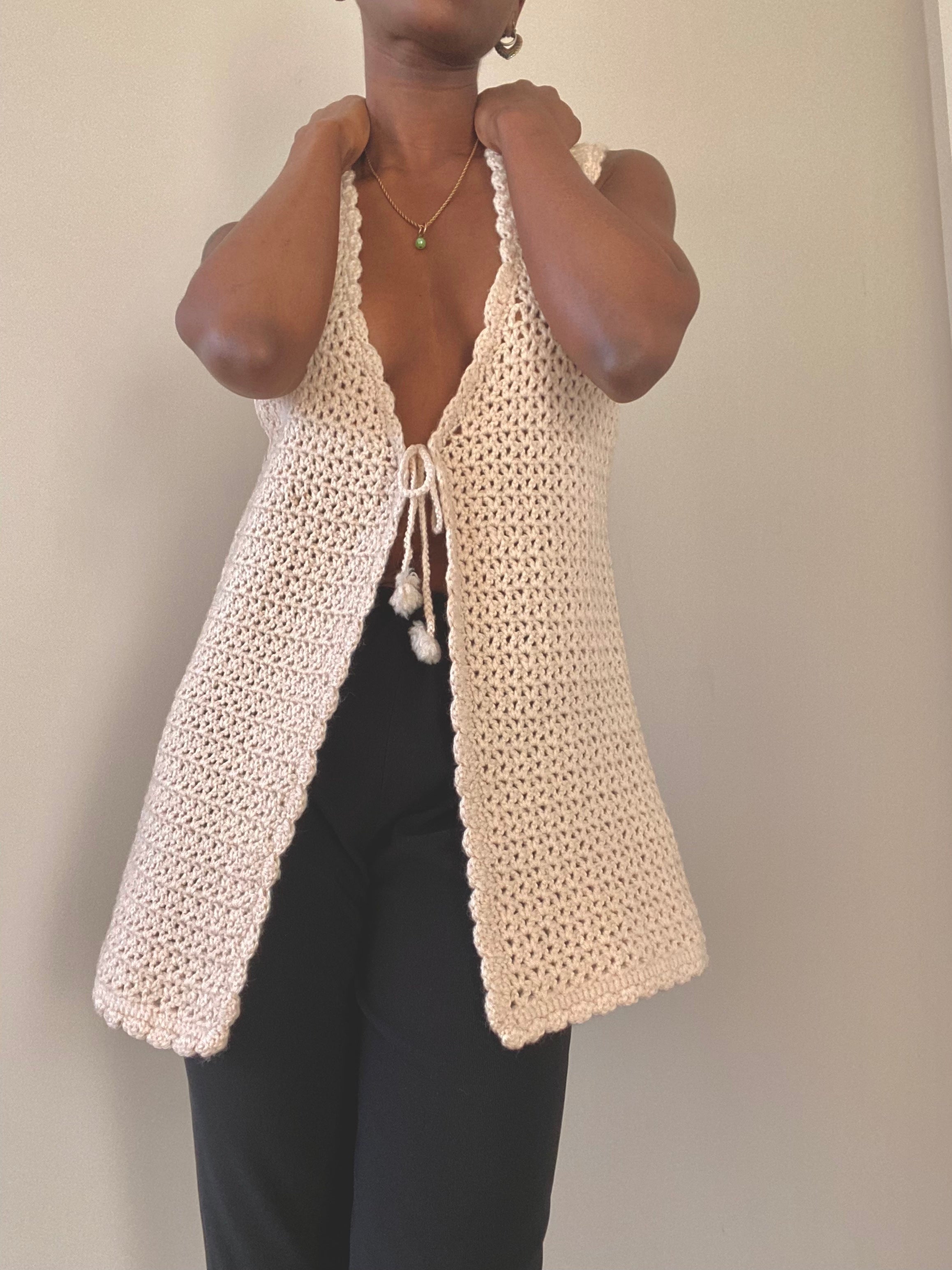 Beige Sleeveless Crochet Vest Cardigan