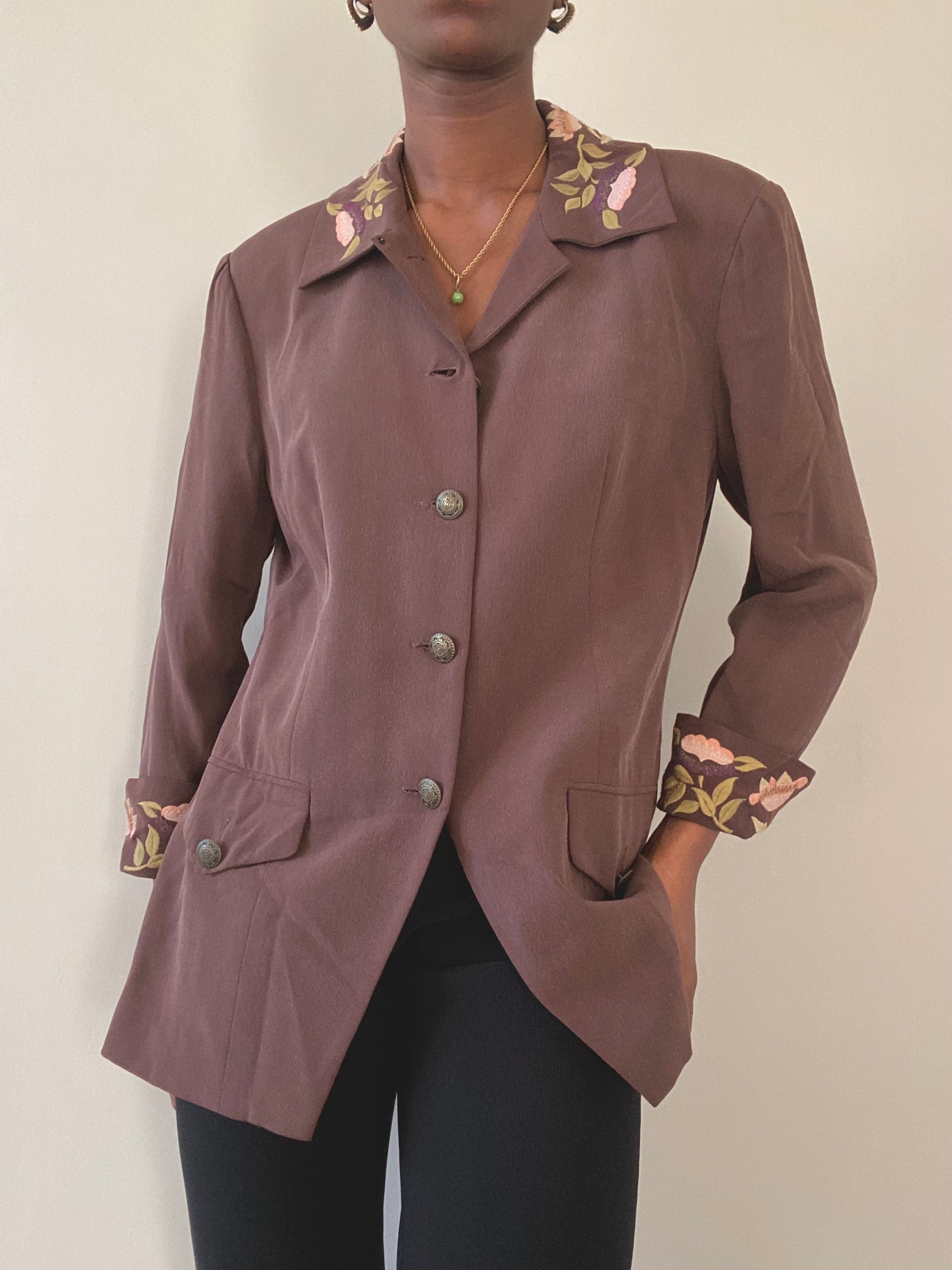 Brown Silk Floral Embroidered Blazer Jacket