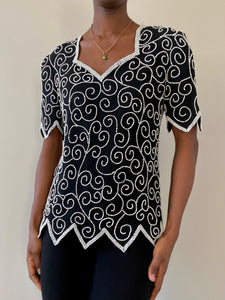Silk Black Beaded Abstract Blouse