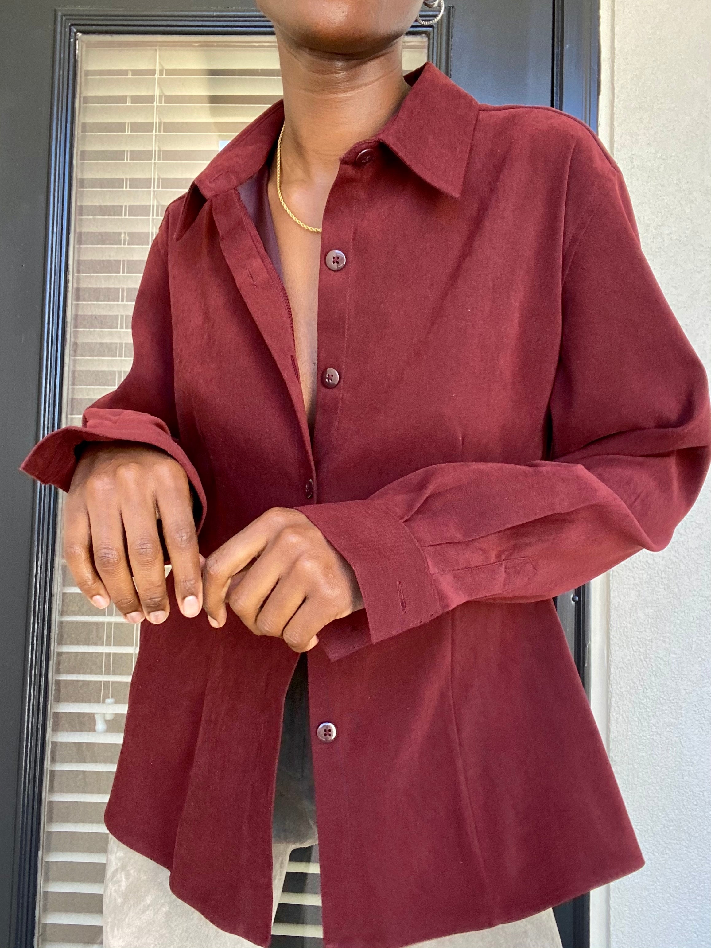 Burgundy Long Sleeve Soft Button Up Blouse