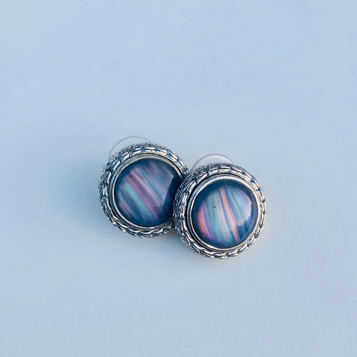 Silver Carved Colorful Marble Earrings