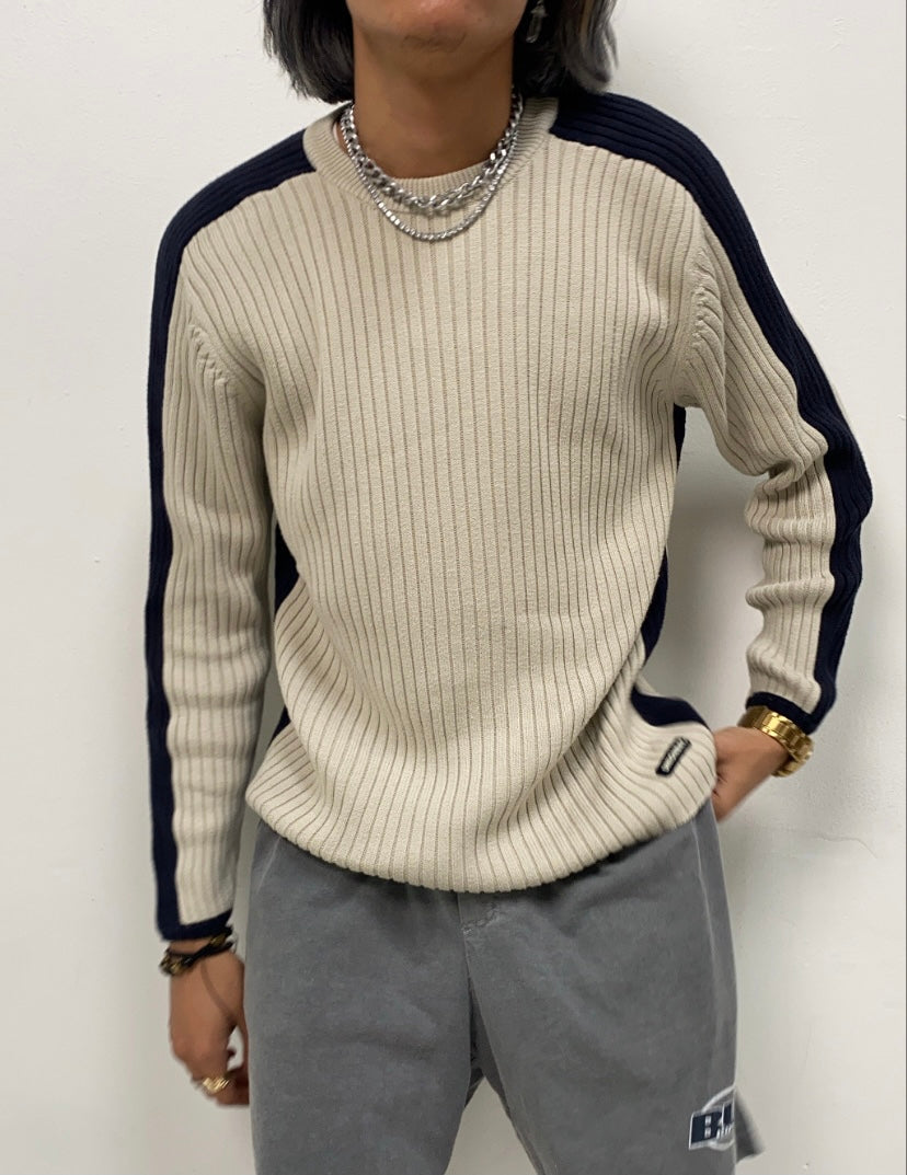Mens Beige & Navy Cotton Cable Knit Sweater