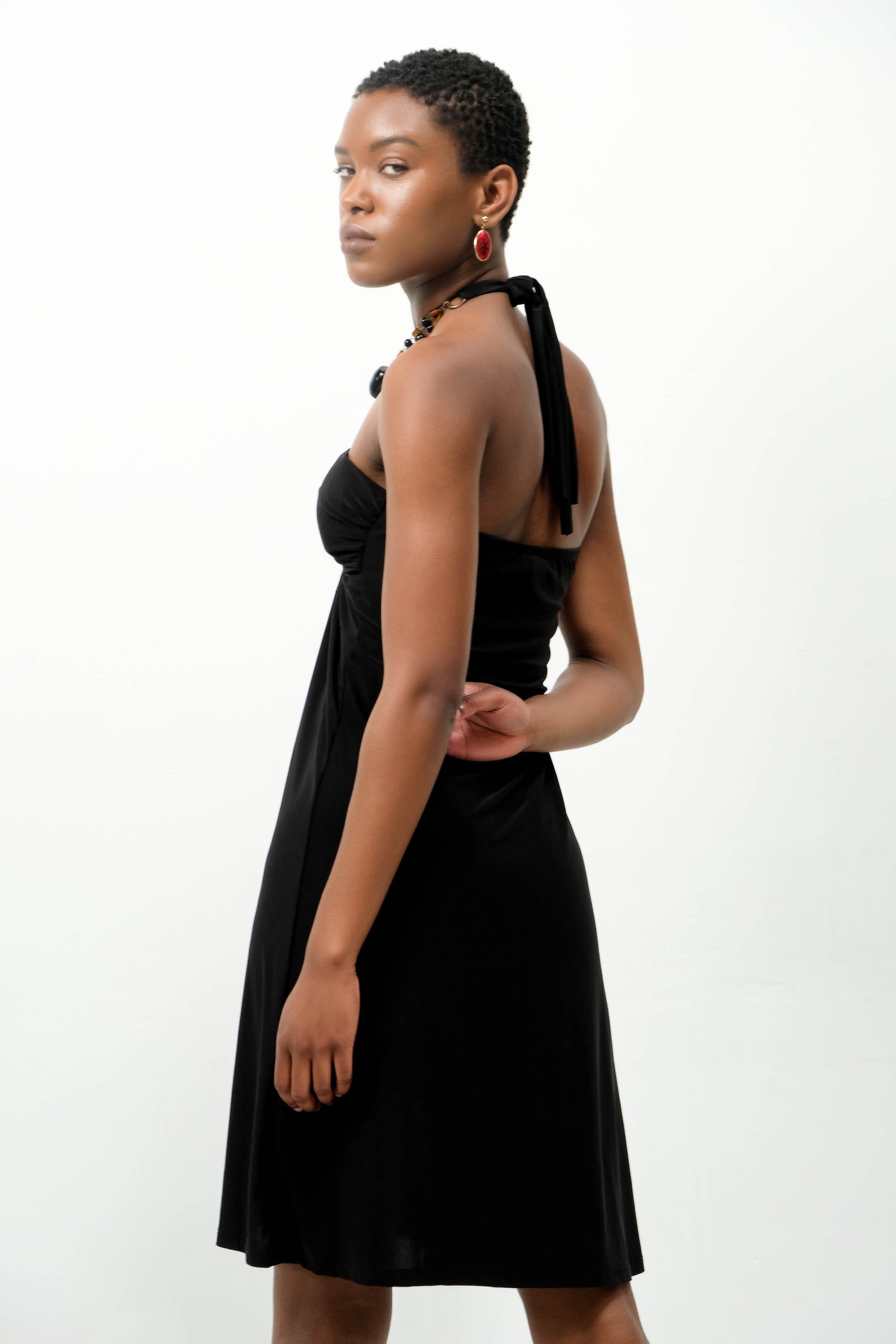 Black Spandex Beaded Halter A-Line Dress