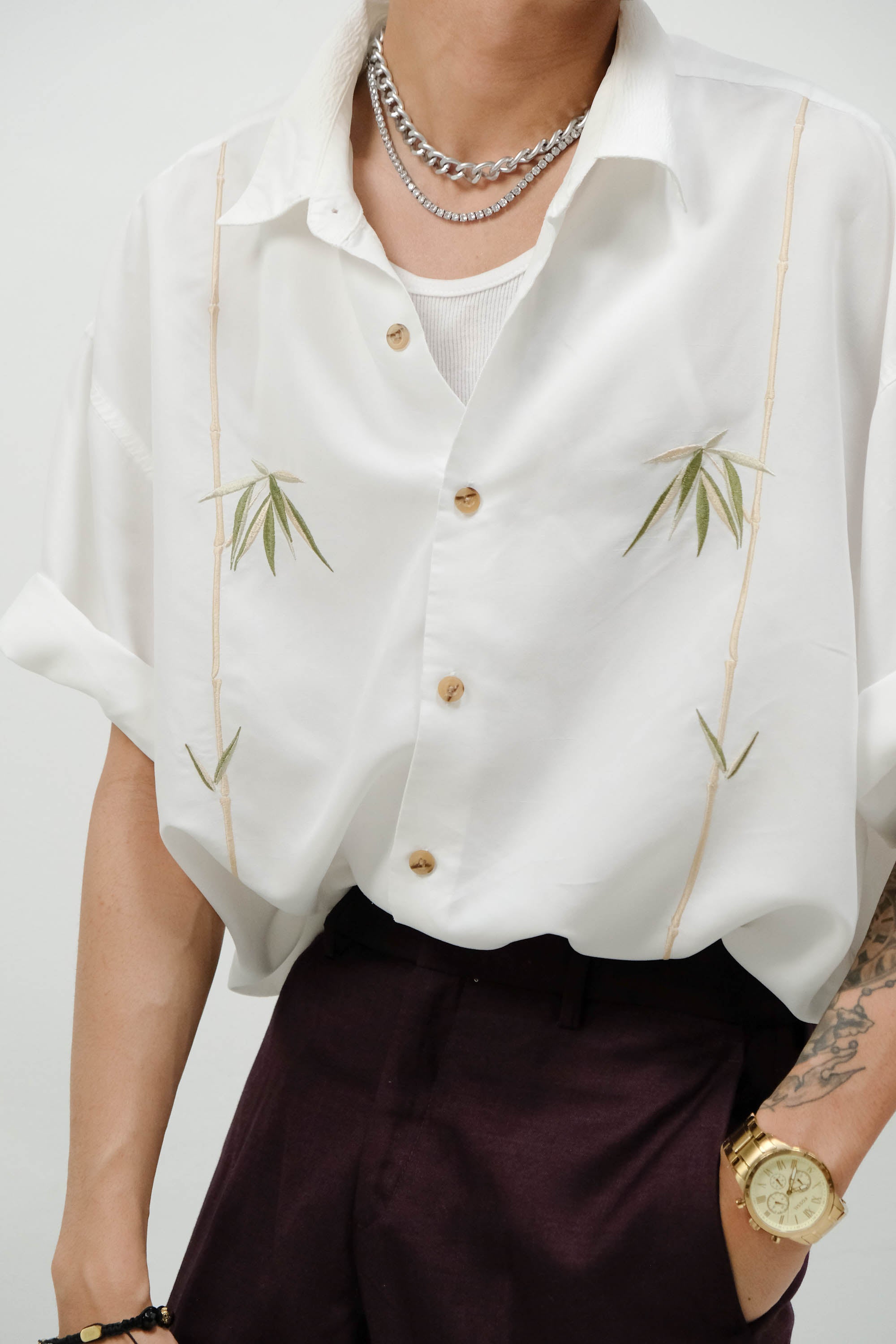 Mens White Resort Silk Button Down Shirt
