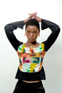 Y2K Colorful Face Pop Art Flare Long Sleeve Top
