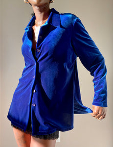 Vintage Royal Blue Velvet-Like Button Up Blouse