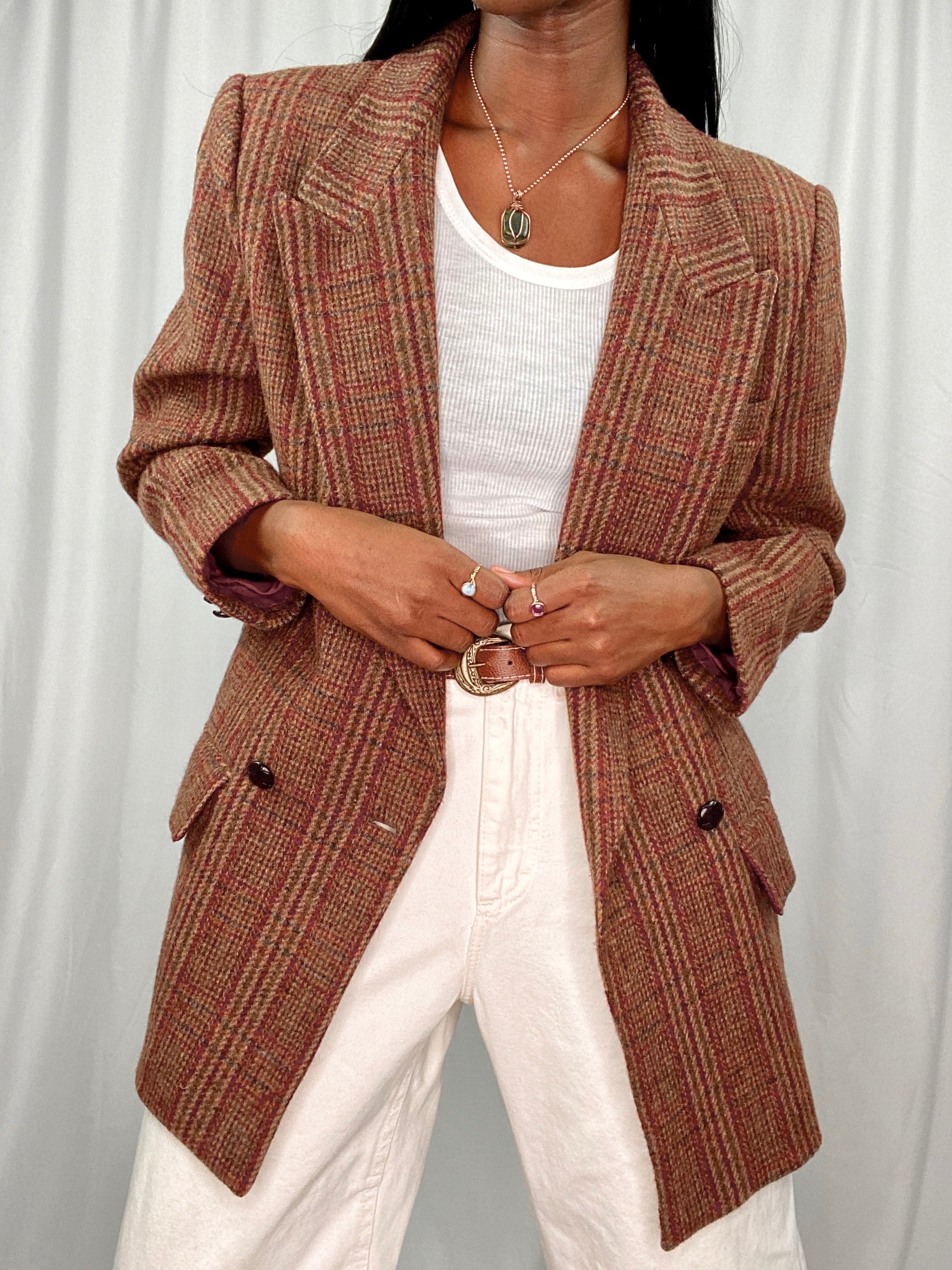 Wool Warm Toned Double Breasted Plaid Blazer