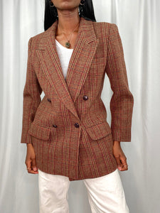 Wool Warm Toned Double Breasted Plaid Blazer