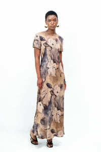 Women's Neutral Colored Abstract Floral Maxi Dress